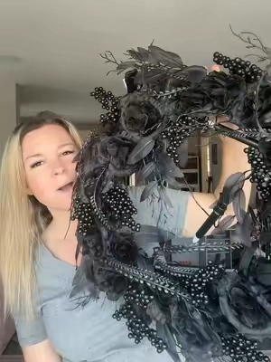 Black Halloween wreath with flickering spooky candles 🕯️.       #halloweenwreath #halloweendecor #hsn 