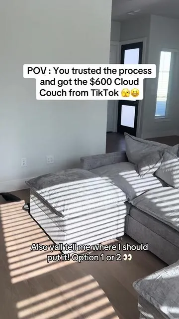 Y’all… I really trusted the process 😂😭 I was lowkey nervous ordering a couch off TikTok, but this might’ve been one of my best purchases. Now settle this for me… which setup looks better? 👀 Option 1 or Option 2? #TikTokShop #CloudCouch #HomeTok #ApartmentTok #TikTokMadeMeBuyIt