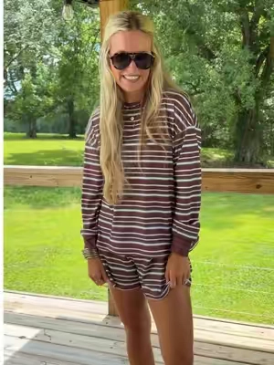 This striped set may be my favorite TikTok shop find yet! So stretchy and comfortable and cute! Love the brown color so much #tiktokshopcreatorpicks #matchingset #stripedset #fallset #casualset 
