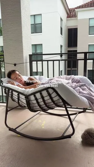 The perfect patio chair for relaxing, reading, or enjoying your morning coffee. Stylish, comfortable, and durable, it adds a luxury look to any porch, balcony, backyard, or garden—without the luxury price tag. #EggChair #RockingChair #PatioFurniture #OutdoorFurniture #BackyardMakeover  