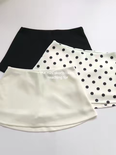 Black, white, and polka dot skorts I’d actually wear on repeat. Mini skirt look, built-in shorts underneath, and so easy to style. ✨ #skort #miniskort #skortoutfit #builtinshorts #summeroutfit