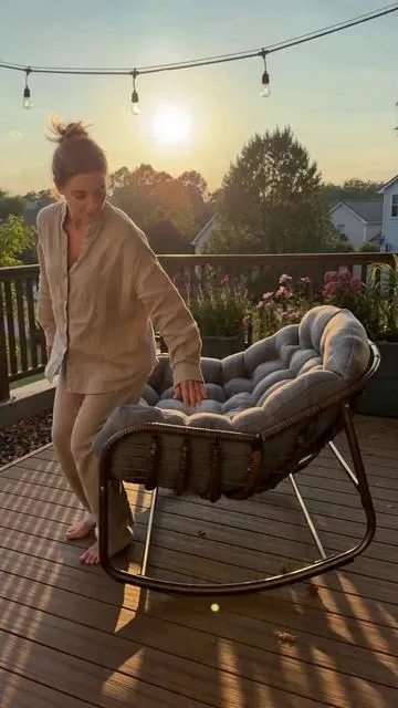 POV: Your backyard needs this oversized rocking chair 🌞 Holds 450 lbs + water-resistant cushion? YES. Grey is SELLING OUT fast! #weeklydeals #payday #OversizedChair #BackyardGoals #TikTokMadeMeBuyIt #OutdoorLiving