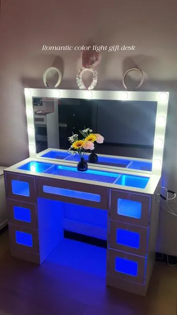 Makeup Vanity Desk with LED Lighted Mirror, Tempered Glass Top, 7 Drawers, RGB Ambient Lighting, Vanity Table for Bedroom #dressers #makeupdesk #6drawerdresser #5drawerdresser #vanityledmirror #bedroomlighting #deskmakeover #vanitywithmirror #ledvanitymirror #16drawerdresser