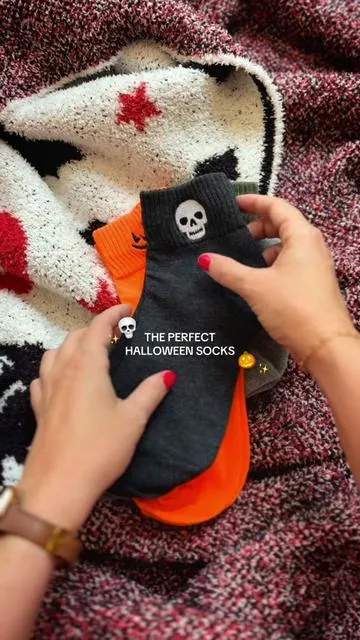 the coziest little halloween leggings socks 🧦 embroidery includes skull, pumpkin, witch hat, bat, and ghost #halloween #fallstyle #cozysocks #cozygirl #halloweenstyle 