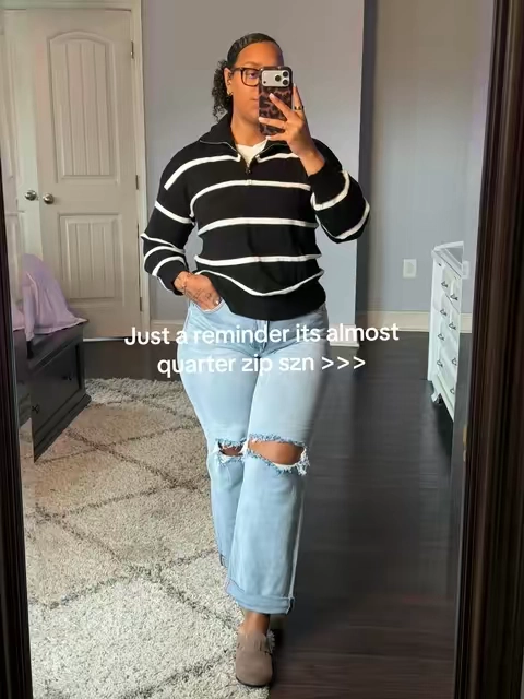 The countdown to quarter zip season is officially on. 🍂 This striped quarter zip sweater paired with stretchy ripped jeans and taupe clogs is the perfect casual fall outfit for coffee runs, errands, and everyday wear. Cozy, comfortable, and easy to throw on all season long. I’m 5’6 & 190 lbs wearing: Pullover: Large Top: large  Jeans:9 #QuarterZip #QuarterZipSeason #FallOOTD #tiktokshopsummersale #tiktokshopcreatorpicks 