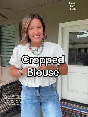 The cutest cotton, pleated blouse, and so worth it for these buttons 😅 #summeroutfits #summertops #easyoutfits #croppedshirt #pleatedtop 