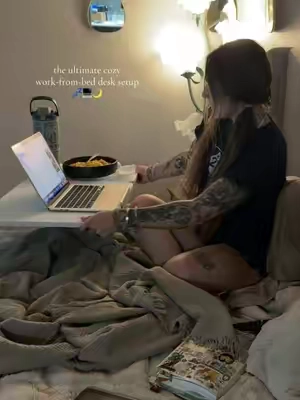 never leaving my bed now that I have the perfect little desk to work from! Also works as a standing desk :) if you sleep on the left side of the bed, get the “double side flip” option! #workfromhome #workingfromhome #tiktokshopsummersale #desk #standingdesk 