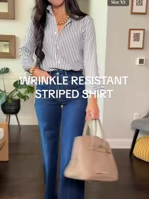 Quiet luxury style without the luxury price. 🤍  (Wearing blue, brown, dark blue, and black in this video) These wrinkle-resistant striped button down shirts are giving timeless old money vibes with a polished, effortless look. The perfect work shirt, office outfit staple, or elevated everyday top that keeps you looking put together with minimal effort. #OldMoneyStyle #wrinklefree #StripedButtonDown #WrinkleResistant #workwearstyle 