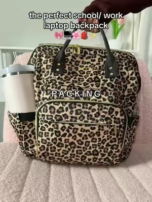 Holds 4 drinks & fits all the school/ work essentials! 🤩💻 #lovevook #backpack #leopardprint #schoolessentials #TikTokshopbacktoschool 