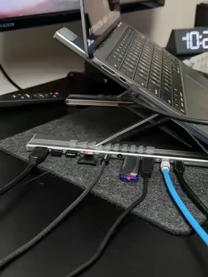 The only accessory you’ll need. It has everything you could possibly need for your laptop setup. #laptopstand #dockingstation #laptopaccessory #techfinds #desksetup 
