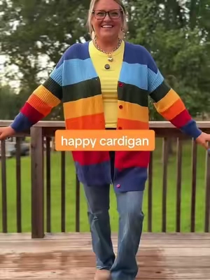 Fun colorblock cardigan that would be perfect for teachers or anyone that loves a pop of color!! 🙂 #cardigan #teacheroutfit #happypeople #womensfashion 