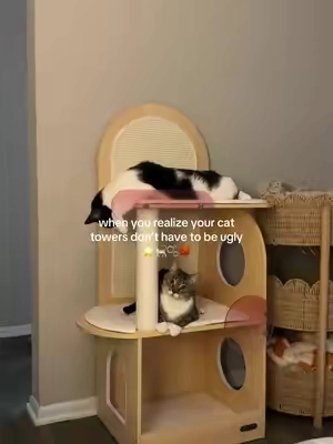 why did I think green and torn apart was the only option for our home aesthetic?? Not anymore ✨ I didn’t know nice wood cat towers existed until I found this brand on tts- it’s filled with tons of scratching spots and places for the cats to play/sleep #fyp #cats #catsoftiktok #cattree #cattower 