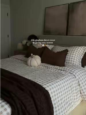 cozy, neutral, and timeless.  this gingham duvet cover made my bedroom feel so warm and inviting.  #duvetcover #gingham #bedroomdecor #cozyhome #tiktokshopfinds 
