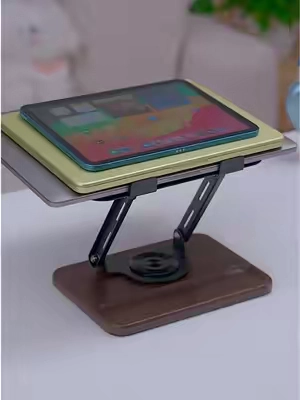 This laptop stand is great for desk upgrades. Adjustable Laptop Desk Stand with Wood Base Storage, 360° Rotating Swivel Computer Stand for Laptop, 💻 #laptopstand #desksetup #workfromhomesetup #travelessentials #homeoffice 