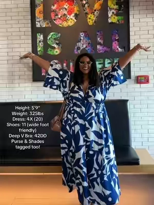 This dress is giving vacation, brunch, resort, wedding guest…basically any excuse to leave the house. 💙🤍 I love finding plus size dresses that are comfortable, flattering, and easy to throw on without sacrificing style. The flowy silhouette, dramatic sleeves, and bold print make this one feel so effortless. And if you’re a fellow wide-foot girl, don’t worry—I linked the shoes too. Sizing: ✨ Height: 5’9” ✨ Weight: 325 lbs ✨ Dress: 4X (20) ✨ Shoes: Size 11 (wide-foot friendly) ✨ Deep V Bra: 42DD I also linked the purse and sunglasses so you can recreate the whole look. Everything is in my TikTok Shop! 🤍 #plussizedress #vacationoutfit #resortwear #widefootfriendly #DeepVBra 