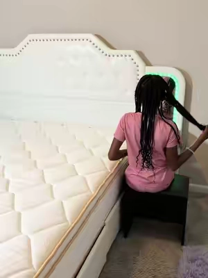 First of all, can we get into this headboard?! 😍 The tufted design gives it such an expensive, glam look, but then you have the mirrors on BOTH sides and the built-in nightstands?! #naturallyb  #bedframe  #bed  #bedframes  #beds 