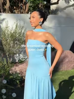 Wore this to my friend’s wedding and felt like cinderella🥹🩵✨ #weddingguestdress #longdress #elegantdress #summerweddingguestdress 