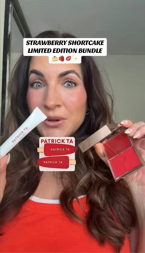 The new and limited edition strawberry shortcake lip balm smells good enough to eat! Plus you get a limited edition strawberry engraved blush and hair clips!! @Patrick Ta Beauty #patricktabeauty #patrickta #patricktasuperbrandday #lipbalm #redblush 