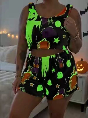 Cute Halloween loungewear set, ghost and pumpkin graphic crop tank top with matching shorts #halloweenpajamas #halloweenvibes #pajamaset #womensleepwear #spookyseason 