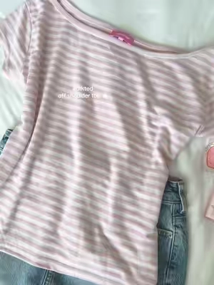 the cutest pink striped top 🎀🤍 #edikted #offshouldertop #ediktedtop #backtoschooloutfit #outfitinspo 