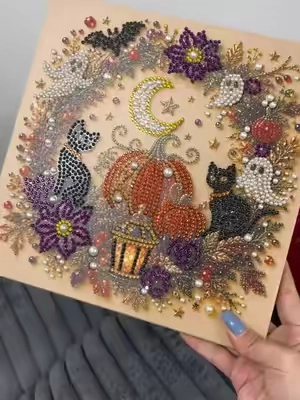 Relaxing Halloween DIY that turns tiny pearls into spooky-cute decor.#DiamondPainting #HalloweenCrafts #FallHomeDecor #WitchDecor #diamondartkit