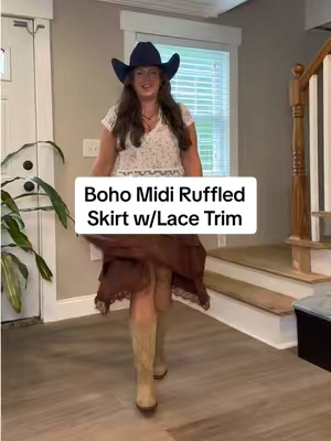Boho Midi Ruffled Skirt w/Lace Trim #bohostyle #westernfashion #midiskirt #skirt 