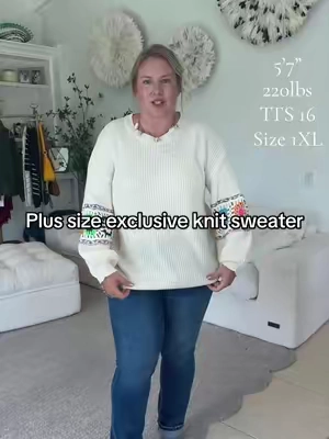 Cozy texture with the prettiest details 🤍 This ivory crochet knit sweater features colorful floral crochet sleeves, a relaxed fit, and an easy crew neck design that gives you that cozy boho look without feeling basic. Such a cute statement sweater for fall and winter outfits. @BloomChic  #tiktokshopsummersale  #CrochetSweater #WomensSweater #BohoSweater #PlusSizeFashion
