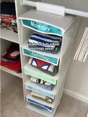 Back to school is so much easier when the week’s outfits are already planned and ready to go. 🎒✨  #clothesorganizer #backtoschool #organizationhacks #momlife #kidsclothes