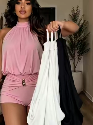 Women's Summer Halter Backless Beach Slim-Fit Plain Design#OOTD #tiktokshop #jumpsuit #streetwear #spotlightfinds 