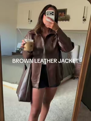 wearing size medium! this BROWN leather jacket?! yes pls 🧸 @AUTOMET  #leatherjacket #falljacket #falloutfits #fallstyle #brownleatherjacket 