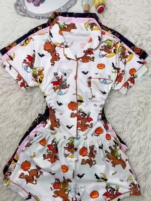 Grab your spooky pjs early! #halloween #pajamajam #pajamas #homewear #sleepwear #summerween #tiktokshopsummersale #growtogether #comfortable #solid 