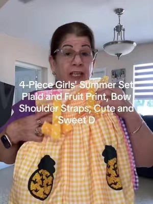 4-Piece Girls' Summer Set, Plaid and Fruit Print, Bow Shoulder Straps, Cute and Sweet D##paratiiiiiiiiiiiiiiiiiiiiiiiiiiiiiii##TikTokShopp##tiktokshopsummersale