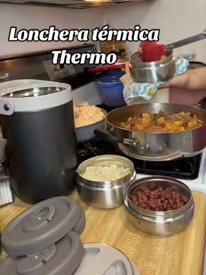 Juego de Lonchera y recipiente de almacenamiento al vacío de acero inoxidable con aislamiento de 3 capas, a prueba de fugas, juego portátil para preparar comidas con cubiertos, conserva la temperatura de los alimentos (frío y calor), mantiene la frescura por más tiempo, loncheras compactas de acero.#Lonchera#lonche #lunchbox #comida #thermo 
