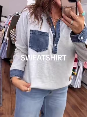 The cutest sweatshirt with denim detail! #OOTD #fashion #midsize #affordablefashion 