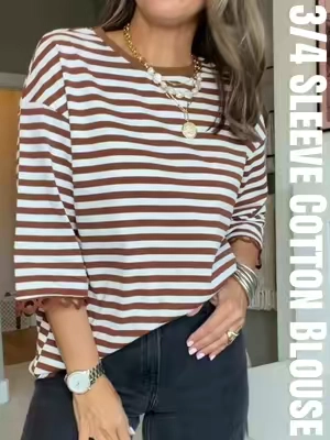 The perfect sleeve length for fall too 🍁 #3quartersleeve #stripedtop #blouse #cottonblouse #cottontop 