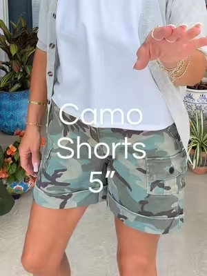 Camo is trending this summer and you're going to love the incredible stretchy on these camo shorts! #tiktokshopcreatorpicks #tiktokshopmemorialday #dealsforyoudays #midsizefashion #over50style 