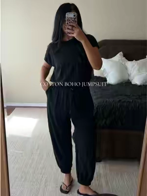 SIZE: L.  92% cotton and so so comfy! How cute is this jumpsuit for an easy throw on and go outfit! If you can’t stand jumpsuits: wear and undershirt! It always helps when taking on and off.  Jumpsuit Outfit. Cotton Jumpsuit. Cotton TikTok Outfit. #cotton #cottonjumpsuit #jumpsuit #jumpsuitoutfit #outfit 