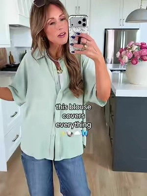 So chic & elevated! ✨ Oversized fit, feel free to size down! 🙌 #blouse #buttonup #affordablefashion #capsulewardrobe #boujeeonabudget 