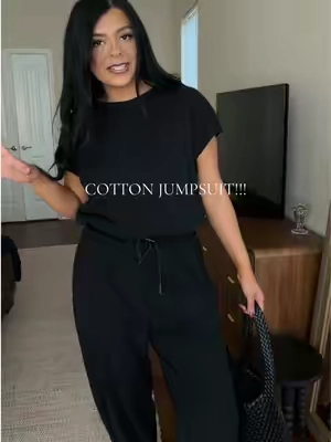 SIZE: L.  I think I washed mine with something I wasn’t supposed to but I swear this is my favorite jumpsuit I don’t even care lol! The flirty little cap sleeves are adorable and the 92% cotton feel is great!!  Cotton Jumpsuit. Jumpsuit Outfit. Cotton TikTok Outfits. #cotton #jumpsuit #jumpsuits #bohojumpsuit #outfit 