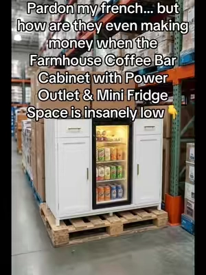 Coffee + wine station goals unlocked ☕🍷 Farmhouse Bar Cabinet with power outlet, mini fridge space (fridge not included), drawer + door storage. Perfect sideboard for kitchen or dining room! So practical and cute 😍 #CoffeeBarCabinet #WineBarCabinet #MiniFridgeStand #FarmhouseFurniture 