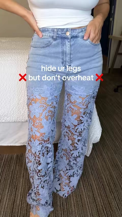 High waisted, super stretchy, soft, easy to wear jeans with great lace legs #lacejeans #denimjeans #highwaistedjeans #TikTokShopSummerSale 