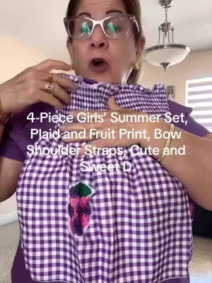4-Piece Girls' Summer Set, Plaid and Fruit Print, Bow Shoulder Straps, Cute and Sweet D##paratiiiiiiiiiiiiiiiiiiiiiiiiiiiiiii##TikTokShopp##tiktokshopsummersale