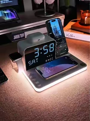 My desk glow-up is complete! 💫 This all-in-one charger keeps my devices powered and my space looking clean. The night light is so cozy.#chargingstation #wirelesscharger #nightstand #desksetup #techtok 