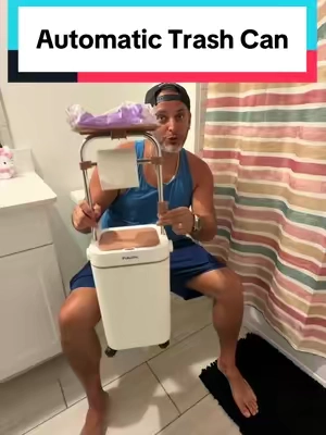 Now this is a nice upgrade! Has a shelf and toilet paper holder too! #automatictrashcan #smarttrashcan #trashcan #bathroomtrashcan #bathroommakeover 