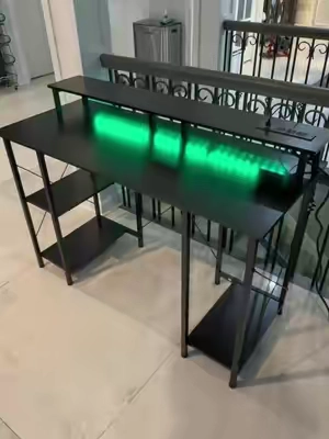 Gaming Desk With Full Monitor Stand And Built In LED Lights, USB Charging Port And Reversible PC Shelf With Headphone Hook, X Bar Reinforced Metal Frame For Stability, Multi Size Writing Desk For Small Spaces And Game Room