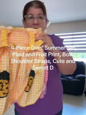 4-Piece Girls' Summer Set, Plaid and Fruit Print, Bow Shoulder Straps, Cute and Sweet D##paratiiiiiiiiiiiiiiiiiiiiiiiiiiiiiii##TikTokShopp##tiktokshopsummersale