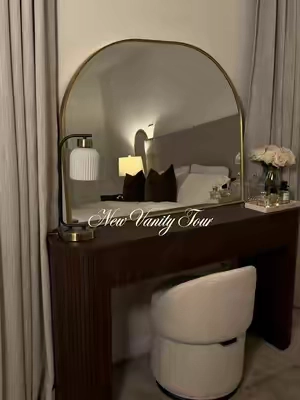 New vanity! I used this table as my base then added a large mirror and finalized with some organizers, fresh flowers, and all my essentials 🤍 #elegantvanity #modernvanity 