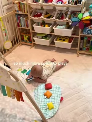 little man got a playpen upgrade today because i was getting just a little overstimulated by toys taking over the entire living room 😂 now everything has a home and somehow it already feels so much calmer! i linked both the storage organizer and the label maker on the video if you’re interested! #babyplay #babyorganization #tiktokshop #typea #firsttimemom 