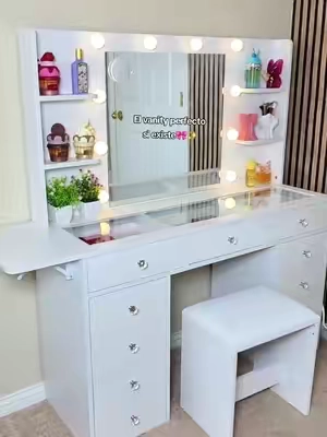 FUSOU 47"W Vanity Desk with 4 Shelves and Fold up Panel,Power Outlet,[Shipping By 2 Packages] 11 Drawers Makeup Vanity with Lighted Mirror, 3 Colors Adjustable, Glass Top Vanity with Chair, , Vanity Set for Bedroom, Dressing Room,Deals For You Days #tiktokshopsummersale 