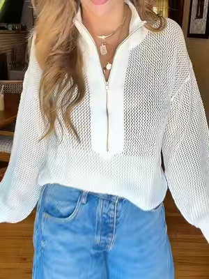 This looks so much more expensive than it is. 🤍 This lightweight half-zip knit sweater is the perfect summer-to-fall transition piece—easy to throw on with jeans, shorts, or leggings for that effortless, elevated look. #looksforless #lookforless #boujeeonabudget #anthropologiefinds #tiktokshopfind 